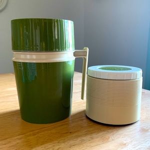 Vintage Thermos Avocado Green and Beige 10oz Thermos and 6oz Jar Set